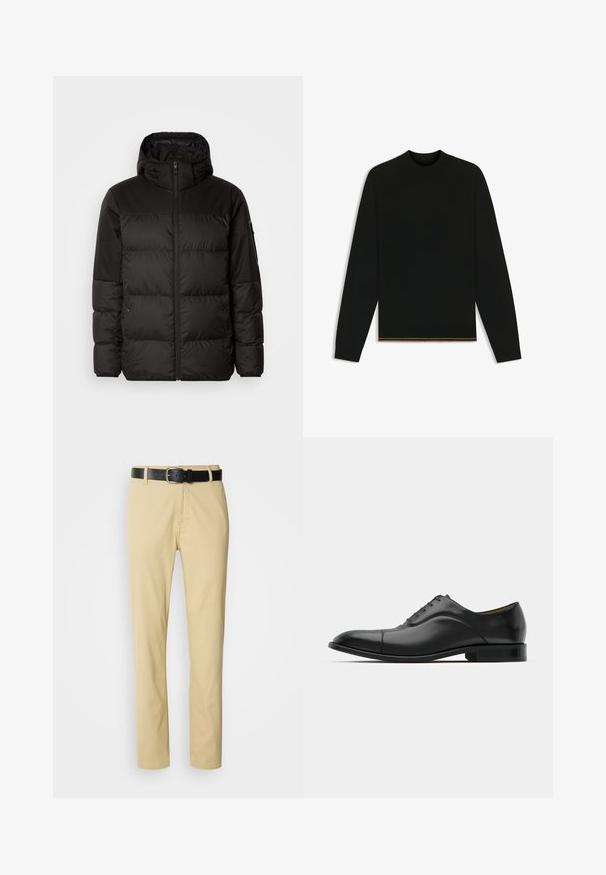 Black puffer jacket features a zip closure, a hood, quilted sections, and elastic cuffs, made from a smooth, water-resistant material.; Black knit sweater with long sleeves and a high neck. Features a gold accent at the hem. Smooth texture and fitted design.; Beige cotton trousers with a straight-leg design, secured by a black leather belt featuring a silver buckle.; Black leather dress shoe with smooth texture, rounded toe, and five eyelets. Features a low stacked heel and subtle seam detailing.