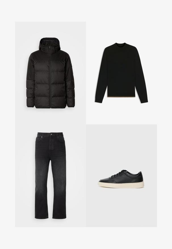 Black puffer jacket features a zip closure, a hood, quilted sections, and elastic cuffs, made from a smooth, water-resistant material.; Black knit sweater with long sleeves and a high neck. Features a gold accent at the hem. Smooth texture and fitted design.; HUGO NATE - Baggy Jeans - dark grey; Black low-top leather sneaker with black laces and off-white sole shown in side profile on white background.