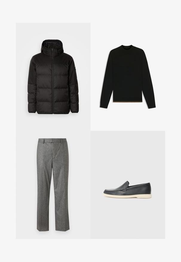 Black puffer jacket features a zip closure, a hood, quilted sections, and elastic cuffs, made from a smooth, water-resistant material.; Black knit sweater with long sleeves and a high neck. Features a gold accent at the hem. Smooth texture and fitted design.; Gray tailored trousers in a textured fabric, straight-leg design, with front pockets and a flat front waistband. No visible fasteners.; Black leather slip-on loafers with a textured finish and a contrasting beige rubber sole. Features a subtle accent along the front.