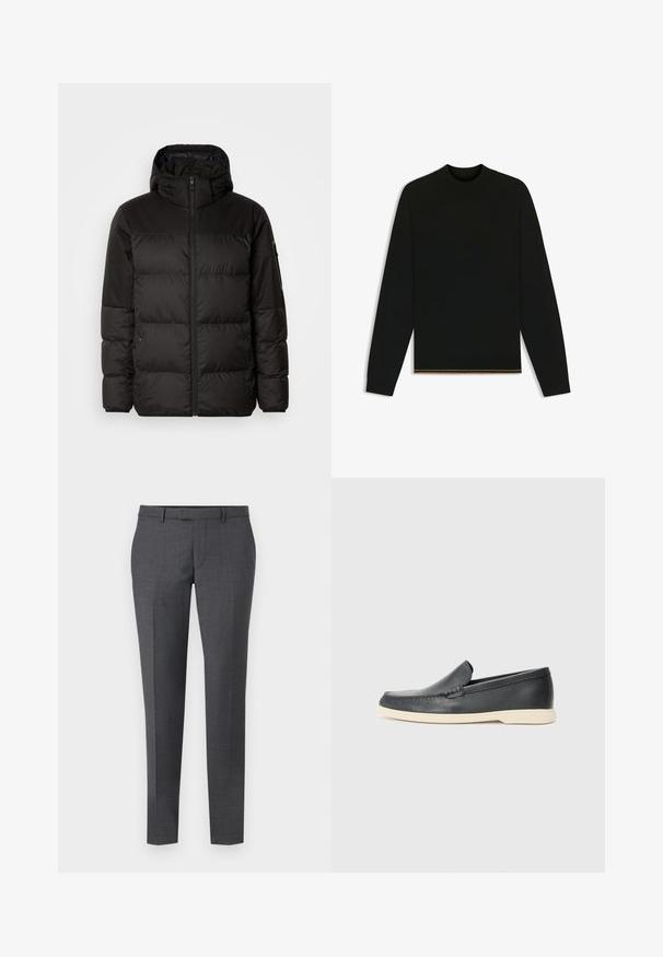 Black puffer jacket features a zip closure, a hood, quilted sections, and elastic cuffs, made from a smooth, water-resistant material.; Black knit sweater with long sleeves and a high neck. Features a gold accent at the hem. Smooth texture and fitted design.; Gray tailored trousers with a smooth texture, straight fit, flat front, and belt loops. Features a subtle check pattern and crease down the front.; Black leather slip-on loafers with a textured finish and a contrasting beige rubber sole. Features a subtle accent along the front.