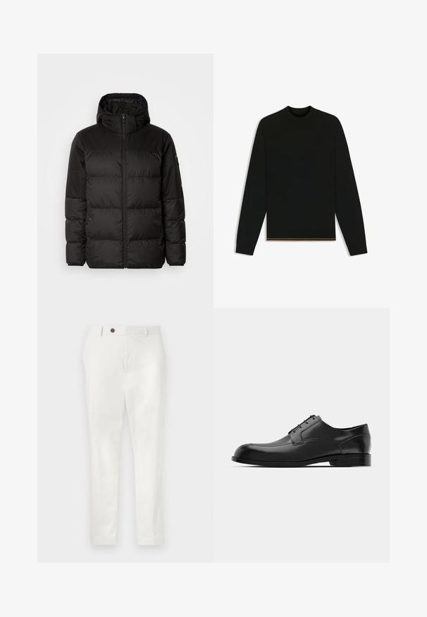 Black puffer jacket features a zip closure, a hood, quilted sections, and elastic cuffs, made from a smooth, water-resistant material.; Black knit sweater with long sleeves and a high neck. Features a gold accent at the hem. Smooth texture and fitted design.; White pants made of lightweight fabric, featuring a straight-leg design, a single brown button at the waist, and minimalistic styling.; Black leather dress shoe featuring a rounded toe, smooth texture, minimal seams, and a flat sole with subtle branding on the heel.