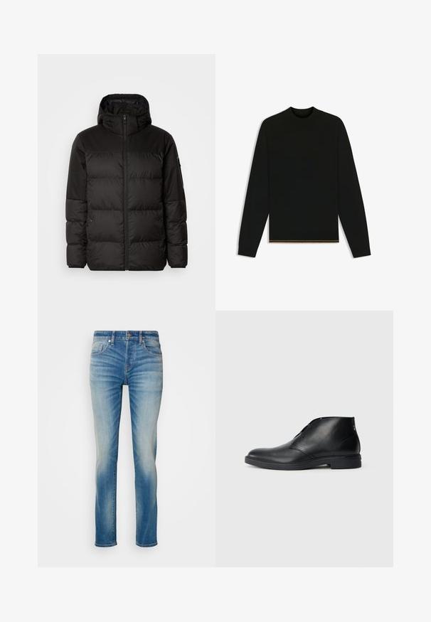 Il giubbotto puffo nero presenta una chiusura con zip, un cappuccio, sezioni trapuntate e polsini elastici, realizzato in un materiale liscio e resistente all'acqua.; Maglione nero in maglia con maniche lunghe e colletto alto. Presenta un dettaglio dorato all'orlo. Decorato da una trama liscia e design aderente.; Jeans in denim azzurro chiaro con vestibilità dritta, dotati di cinque tasche e un leggero sbiadimento sulle cosce. Chiusura con bottone metallico e zip.; Stivaletti neri in pelle con una texture liscia, punta arrotondata, design minimalista e una suola in gomma bassa e robusta. Dettaglio di cuciture decorative.