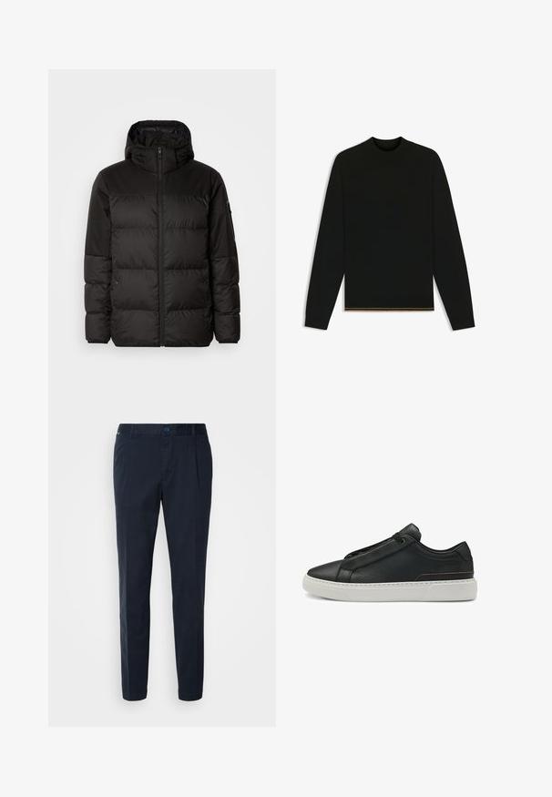 Black puffer jacket features a zip closure, a hood, quilted sections, and elastic cuffs, made from a smooth, water-resistant material.; Black knit sweater with long sleeves and a high neck. Features a gold accent at the hem. Smooth texture and fitted design.; Navy blue trousers made of cotton blend, featuring a straight cut, front pleats, and a button closure at the waist. Smooth texture, no patterns.; Black leather sneaker with textured surface, elasticized slip-on design, white rubber sole, and subtle copper accent detail.