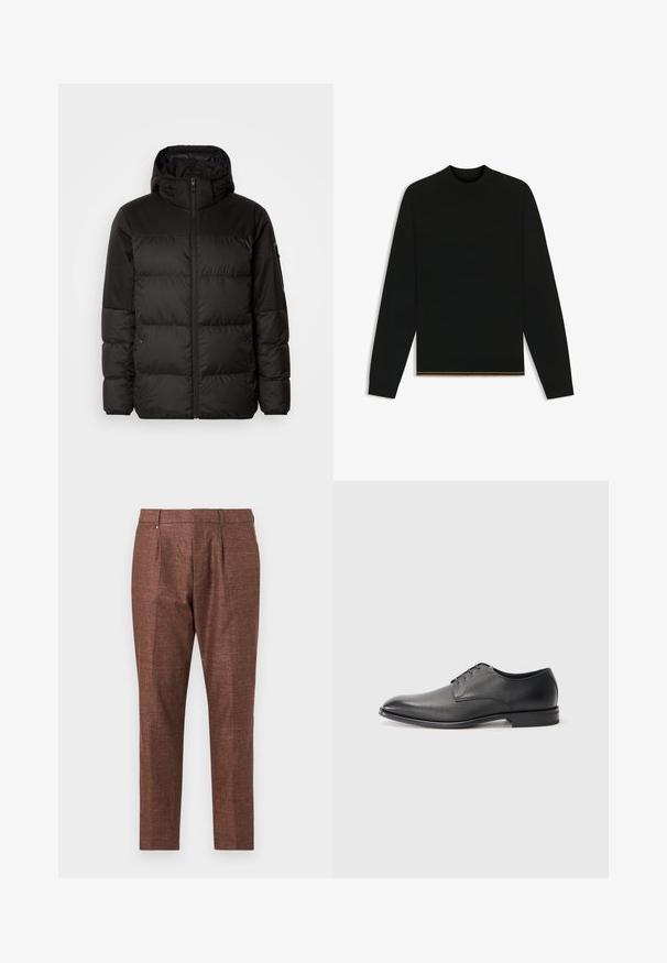 Black puffer jacket features a zip closure, a hood, quilted sections, and elastic cuffs, made from a smooth, water-resistant material.; Black knit sweater with long sleeves and a high neck. Features a gold accent at the hem. Smooth texture and fitted design.; Brown textured trousers with a tailored fit, featuring a flat front, two front pockets, and a subtle sheen.; Black leather men's dress shoe with laces, low heel, and smooth, slightly textured finish on plain white background.