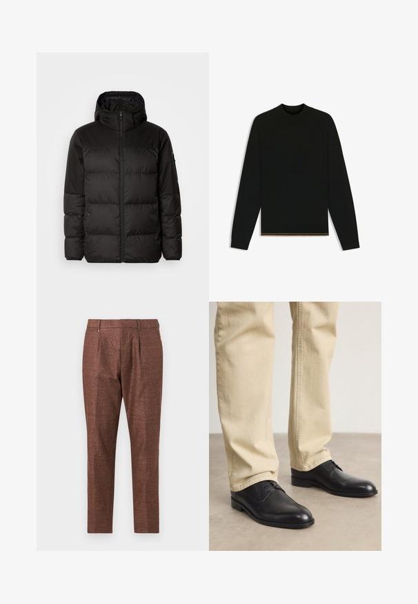 Black puffer jacket features a zip closure, a hood, quilted sections, and elastic cuffs, made from a smooth, water-resistant material.; Black knit sweater with long sleeves and a high neck. Features a gold accent at the hem. Smooth texture and fitted design.; Brown textured trousers with a tailored fit, featuring a flat front, two front pockets, and a subtle sheen.; Black leather lace-up shoes with a rounded toe, smooth finish, and subtle stitching details, worn with light beige pants.