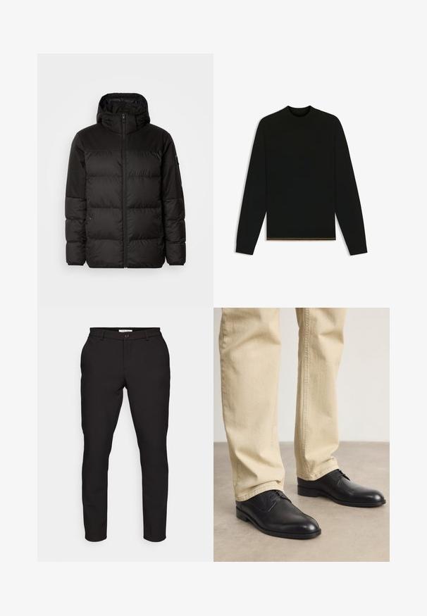 Sort pufferjakke med lynlås, hætte, quiltede sektioner og elastiske manchetter, lavet af et glat, vandafvisende materiale.; Sort strikket sweater med lange ærmer og høj hals. Har en guldfarvet detalje i kanten. Glat tekstur og tætsiddende design.; Sorte skræddersyede bukser med slim fit. Har lynlås, knaplukning, sidelommer og et glat, let stof.; Sorte læder snørebåndssko med rund tå, glat finish og diskrete syninger, båret med lyse beige bukser.