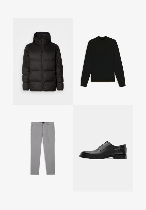 Black puffer jacket features a zip closure, a hood, quilted sections, and elastic cuffs, made from a smooth, water-resistant material.; Black knit sweater with long sleeves and a high neck. Features a gold accent at the hem. Smooth texture and fitted design.; Gray trousers made of smooth fabric, featuring a straight-leg design, front pleats, and side pockets. Minimalist style with a button closure.; Black leather dress shoe featuring a rounded toe, smooth texture, minimal seams, and a flat sole with subtle branding on the heel.