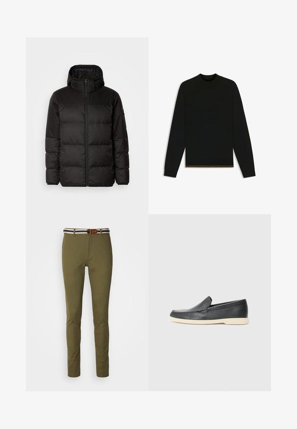 Schwarze Pufferjacke mit Reißverschluss, Kapuze, gesteppten Abschnitten und elastischen Bündchen, hergestellt aus einem glatten, wasserabweisenden Material.; Schwarzer Strickpullover mit langen Ärmeln und hohem Kragen. Verfügt über einen goldenen Akzent am Saum. Glatte Textur und taillierte Passform.; Slim-fit olivgrüne Hose mit glatter Oberfläche, ausgestattet mit einem gestreiften Bund in Marineblau und Weiß sowie einem Akzent in Form eines braunen Leder-Gürtelschlaufe.; Schwarze Leder-Slipper mit strukturiertem Finish und einer kontrastierenden beige Gummisohle. Mit einem dezenten Akzent an der Vorderseite.