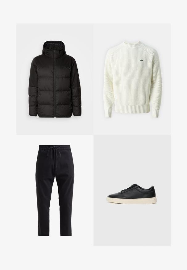 Black puffer jacket features a zip closure, a hood, quilted sections, and elastic cuffs, made from a smooth, water-resistant material.; Chunky white crewneck sweater with ribbed texture, featuring a small green logo on the left chest and fitted ribbed cuffs and hem.; Black jogger pants made from soft fabric, featuring a drawstring waist and tapered legs for a fitted design. No visible patterns or hardware.; Black low-top leather sneaker with black laces and off-white sole shown in side profile on white background.