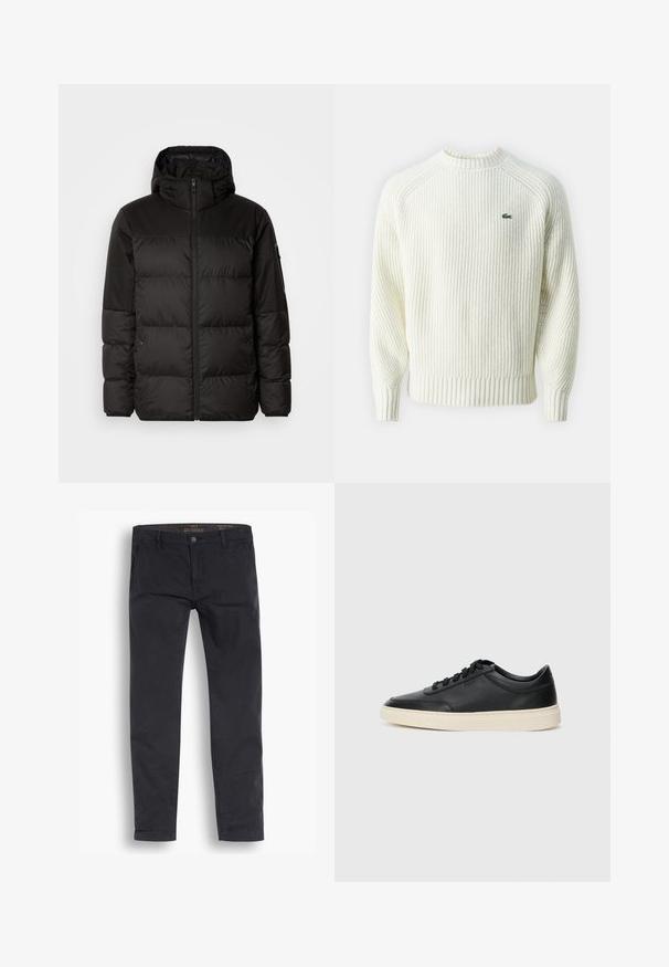 Črna zimska jakna ima zadrgo, kapuco, prešite odseke in elastične manšete, izdelana je iz gladkega, vodoodpornega materiala.; Gusta bela bela bela bela, z ribano teksturo, z majhnim zelenim logotipom na levem prsnem delu in prilagojenimi ribanimi manšeti in robom.; Črne chinos hlače iz bombaža. Imajo standardno obliko z ozkim zgornjim delom, sprednje žepe in gumbasto zapiranje s gladko teksturo.; Črne nizke usnjene teniske s črnimi vezalkami in svetlo belo podplatom, prikazane v stranskem profilu na beli podlagi.