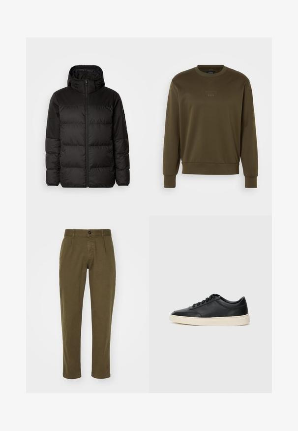 Črna zimska jakna ima zadrgo, kapuco, prešite odseke in elastične manšete, izdelana je iz gladkega, vodoodpornega materiala.; Olivnozeleno sweatshirt z okroglim izrezom, rebrastimi manšetami in robom. Ima subtilen embosiran logotip na prsih. Gladka tekstura tkanine.; Olivno zelene bombažne hlače s ravnim krojem, z sprednjim zapiranjem na gumb, zankami za pas in stranskimi žepi. Gladka tekstura.; Črne nizke usnjene teniske s črnimi vezalkami in svetlo belo podplatom, prikazane v stranskem profilu na beli podlagi.