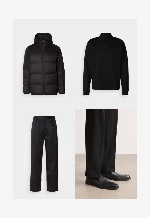 Crna puf jakna ima zatvaranje na zip, kapuljaču, kviltane dijelove i elastične manžete, izrađena je od glatkog, vodootpornog materijala.; Crna polo majica dugih rukava od mekog materijala, s okovratnikom na dugmad i suptilnim brendiranjem na prsima. Rukavi su završeni rebrastim detaljima.; Crne hlače od glatkog materijala, s prednjim zatvaranjem na dugme, pregibima i ravnim nogavicama. Nema vidljivih uzoraka ili akcenta.; Crne kožne loafers c položenim heksagonalnim uzorkom, s niskim profilom i glatkom završnom obradom. Uparen s crnim krojenim hlačama.