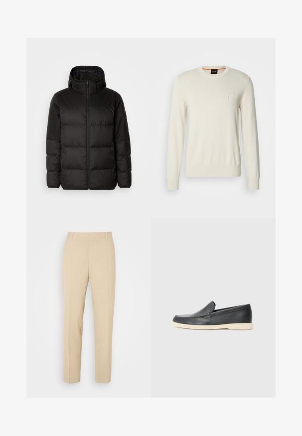 Melna pūkainā jakā iezīmes ir rāvējslēdzēja aizdare, kapuce, kvadrātveida šuves un elastīgas aproces, izgatavota no gludas, ūdensizturīgas vielas.; Kremkrāsas apaļā dekoltē, garām piedurknēm, džemperis ar ribotām piedurknēm un apakšu, kurā ir neliels iepresēts kvadrātveida logotips kreisajā krūtī.; Beige pielāgotas bikses ar taisnu kāju dizainu, izgatavotas no viegla auduma, ar divām priekšējām kabatām un kārtīgi presētām krokām.; Melni ādas kurpes, kas valkājas uz slip-on principa, ar teksturētu apdari un kontrastējošu beigu gumijas zoli. Iespējama smalka apdare priekšpusē.