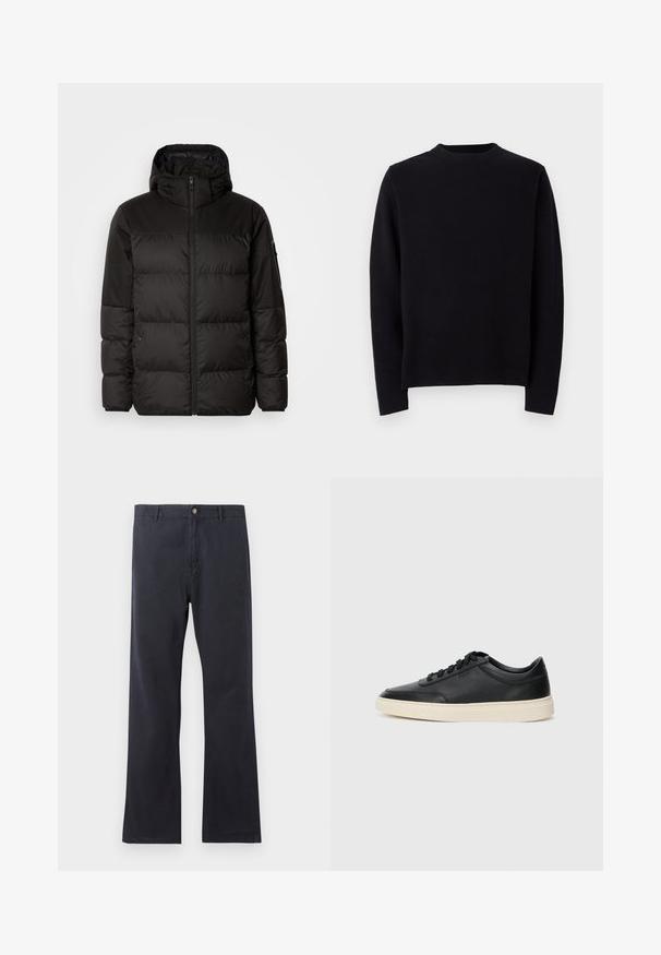 Čierna prešívaná bunda má zips, kapucňu, prešívané sekcie a elastické manžety, vyrobená z hladkého, vodeodolného materiálu.; Čierny pletený sveter s dlhými rukávmi, okrúhlym rebrovaným výstrihom a rovný strih. Hladká textúra bez viditeľných vzorov či akcentov.; Námořnické chino nohavice z bavlněné směsi, s rovným střihem, knoflíkovým zapínáním a poutky na opasek. Hladká textura s minimálními detaily.; Čierne nízkoprevádzkové kožené tenisky s čiernymi šnúrkami a krémovou podrážkou zobrazené v bočnom profile na bielom pozadí.