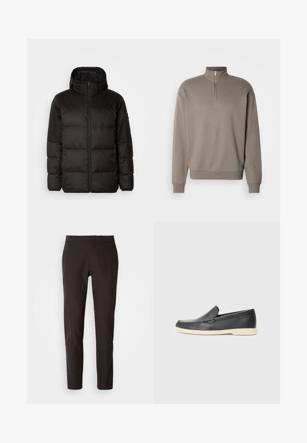 A jaqueta puffer preta apresenta um fecho zip, um capuz, secções acolchoadas e punhos elásticos, confeccionada em um material liso e resistente à água.; Sweatshirt marrom com fecho zip na frente, gola alta, punhos e bainha canelados. Apresenta um pequeno logótipo ao centro. Feito de material suave.; Calças pretas feitas de tecido liso, com corte reto, cintura padrão com fecho de botão e sem bolsos ou padrões visíveis.; Mocassins pretos em couro com acabamento texturizado e sola de borracha bege em contraste. Apresenta um detalhe subtil na parte da frente.