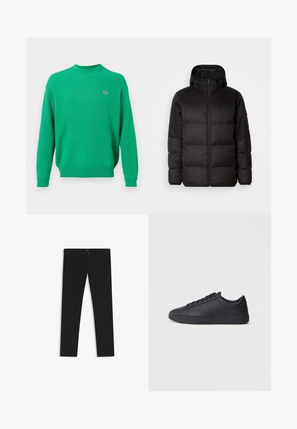 Schwarze Pufferjacke mit Reißverschluss, Kapuze, gesteppten Abschnitten und elastischen Bündchen, hergestellt aus einem glatten, wasserabweisenden Material.; Lacoste Strickpullover - calathea; Schwarze Hosen aus einem Stoff mit glatter текстуре. Verfügt über einen Knopfverschluss, Gürtelschlaufen und Seitentaschen. Klassisches Design mit geradem Bein.; Schwarze Sneaker aus glattem Leder mit einem tiefen Design, runder Zehenform und flacher Gummi-Sohle. Mit Schnürsenkeln und dezentem Branding.