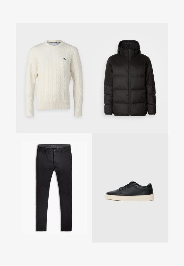 Zwarte pufferjas met ritsluiting, een capuchon, gequiltte secties en elastische manchetten, gemaakt van een glad, waterafstotend materiaal.; Crème kabelgebreide trui met ronde hals, geribde manchetten en zoom, en een groen Lacoste-logo op de borst. De textuur van de stof benadrukt de details.; Zwarte katoenen chinos met een taps toelopende pasvorm, voorzien van vijf zakken, riemlussen en een gladde textuur. Ritssluiting met een knoopsluiting.; Zwarte leren sneaker met lage schacht, zwarte veters en off-white zool, weergegeven in zijprofiel op een witte achtergrond.