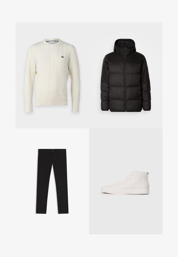 Il giubbotto puffo nero presenta una chiusura con zip, un cappuccio, sezioni trapuntate e polsini elastici, realizzato in un materiale liscio e resistente all'acqua.; Maglione crema a coste con collo rotondo, polsini e orlo a coste, e un logo verde Lacoste sul petto. Il tessuto testurizzato esalta i dettagli.; Pantaloni neri realizzati in tessuto con una superficie liscia. Presentano una chiusura con bottone, passanti per cintura e tasche laterali. Design a gamba dritta standard.; Sneakers alte in tela bianca con superficie testurizzata, caratterizzati da occhielli bianchi e suola in gomma. Design semplice con cuciture a contrasto.