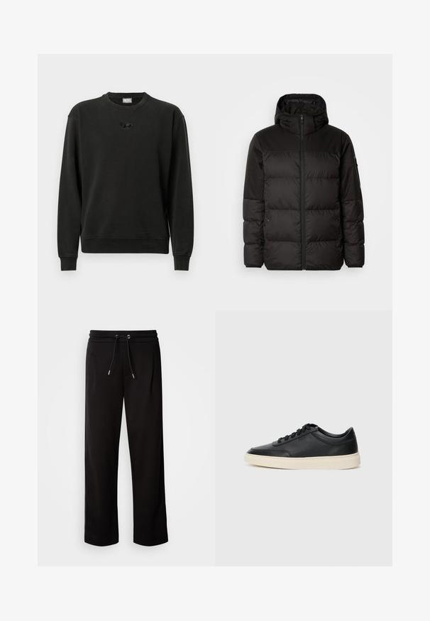 Melna pūkainā jakā iezīmes ir rāvējslēdzēja aizdare, kapuce, kvadrātveida šuves un elastīgas aproces, izgatavota no gludas, ūdensizturīgas vielas.; Melna sporta džemperis no mīksta auduma, ar apaļu kaklu, ribveida aprocēm un nelielu logotipu centrā. Ikdienas, brīvā piegriezuma dizains.; Melni, brīvi pieguļoši sporta bikses, izgatavotas no mīksta auduma, ar elastīgu jostu un auklu, kā arī sānu kabatām.; Melnas zemas ādas sporta kurpes ar melnām auklām un off-white zoli, rādītas no sānu profila uz baltā fona.