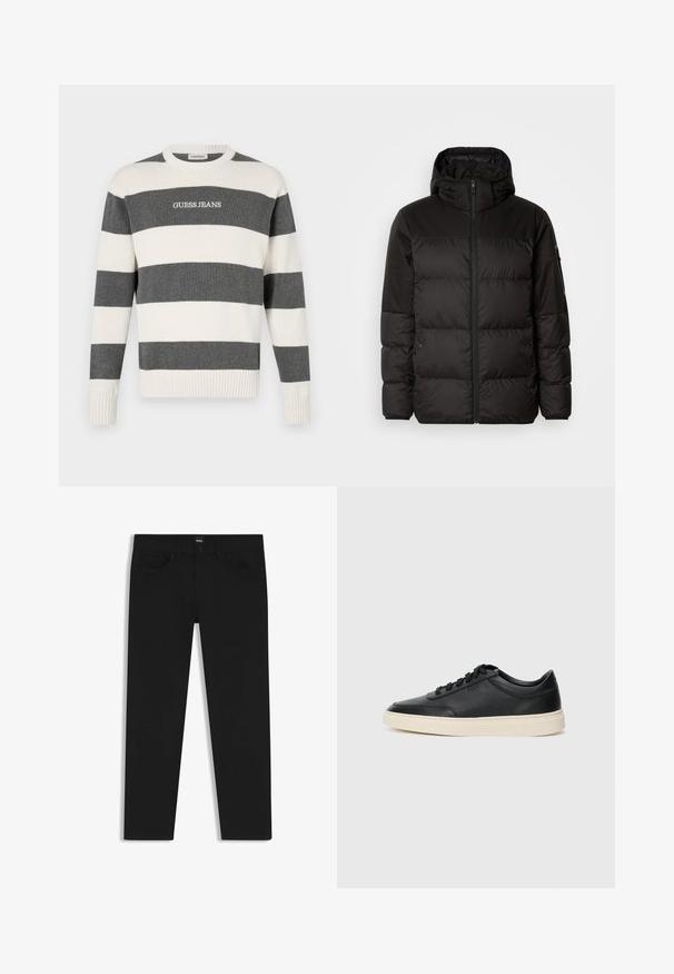 Black puffer jacket features a zip closure, a hood, quilted sections, and elastic cuffs, made from a smooth, water-resistant material.; Striped sweater in gray and white, made of knitted fabric. Features a round neck and ribbed cuffs. "GUESS JEANS" logo on the front.; Black denim trousers with a straight cut, featuring a standard waistband, five pockets, and a button closure. Smooth texture throughout.; Black low-top leather sneaker with black laces and off-white sole shown in side profile on white background.