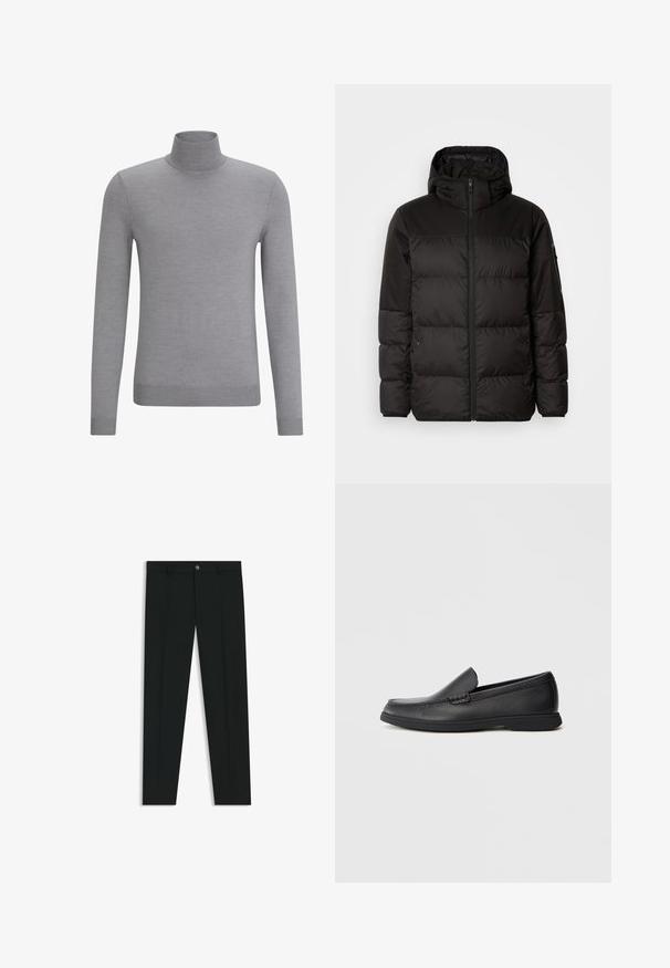 Black puffer jacket features a zip closure, a hood, quilted sections, and elastic cuffs, made from a smooth, water-resistant material.; HUGO SAN THOMAS - Jumper - silver; Black dress pants with a straight-leg design, made of smooth fabric. Features a front button closure and belt loops. Plain without patterns.; Black leather slip-on loafer with textured upper, rounded toe, low heel, and rubber sole, shown in side profile on white background.