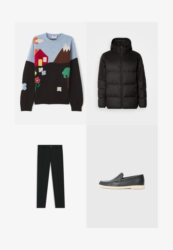 Black puffer jacket features a zip closure, a hood, quilted sections, and elastic cuffs, made from a smooth, water-resistant material.; Knit sweater featuring a blue top, black base, and colorful patterns of a house, mountains, flowers, and clouds in various colors and textures.; Black dress pants with a straight-leg design, made of smooth fabric. Features a front button closure and belt loops. Plain without patterns.; Black leather slip-on loafers with a textured finish and a contrasting beige rubber sole. Features a subtle accent along the front.