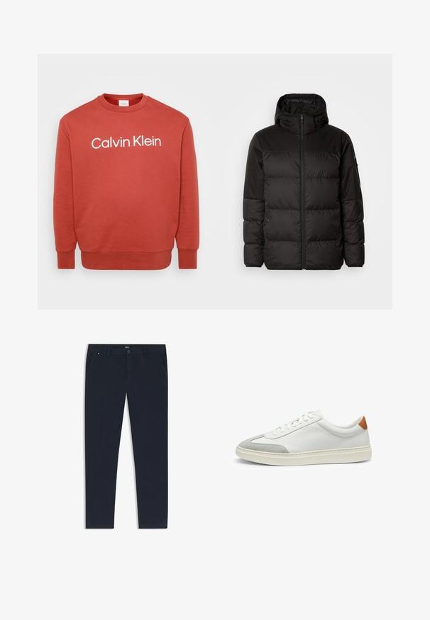 Black puffer jacket features a zip closure, a hood, quilted sections, and elastic cuffs, made from a smooth, water-resistant material.; Red sweatshirt made of soft material with a crew neck, featuring a large white "Calvin Klein" logo across the chest and ribbed cuffs.; Navy blue trousers made of lightweight fabric, featuring a straight leg design, side pockets, and a front button closure with branding detail.; White leather sneakers with gray suede accents and a tan leather heel tab. Features a textured surface and lightweight sole.