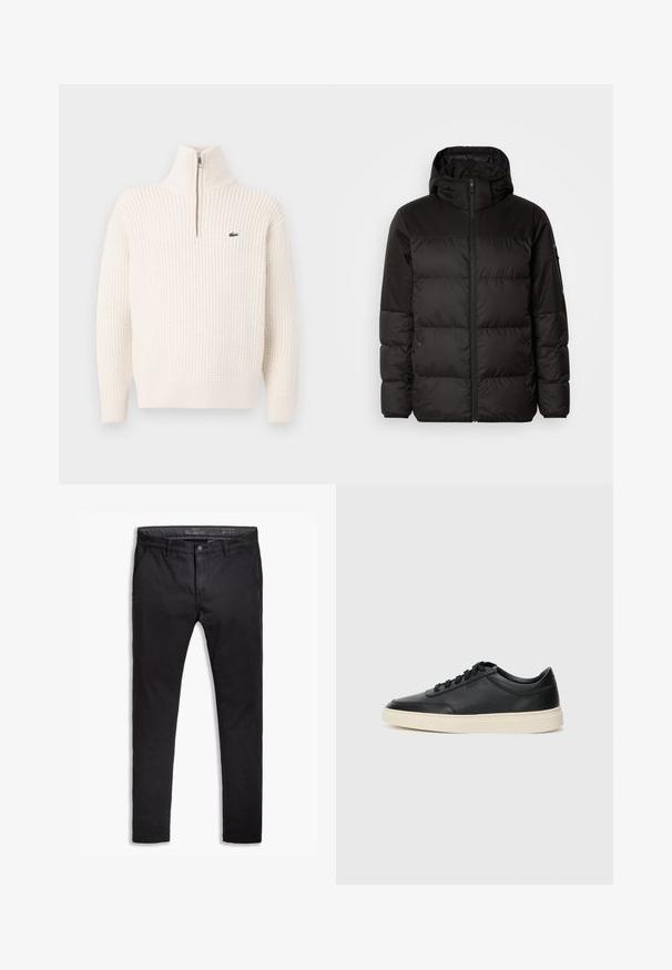 Schwarze Pufferjacke mit Reißverschluss, Kapuze, gesteppten Abschnitten und elastischen Bündchen, hergestellt aus einem glatten, wasserabweisenden Material.; Cremfarbener, strukturierten Strickpullover mit halbem Reißverschluss und einem kleinen, grünen, gestickten Krokodil-Logo auf der Brust.; Schwarze Baumwollchinos mit einem schmalen Schnitt, ausgestattet mit fünf Taschen, Gürtelschlaufen und einer glatten Textur. Reißverschluss mit Knopfverschluss.; Schwarzer niedriger Ledersneaker mit schwarzen Schnürsenkeln und cremefarbenem Sohlenrand, seitlich auf weißem Hintergrund dargestellt.