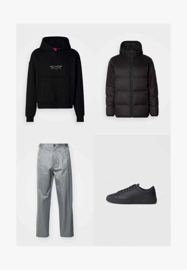 Black puffer jacket features a zip closure, a hood, quilted sections, and elastic cuffs, made from a smooth, water-resistant material.; Black hooded sweatshirt with a front pocket, featuring an embroidered design that includes the word “HUGO” and decorative elements.; Gray cotton blend trousers with a straight-leg design, featuring a front button closure, belt loops, and side pockets.; Black sneakers made of smooth leather with a low-top design, round toe, and flat rubber sole. Features laces and subtle branding.
