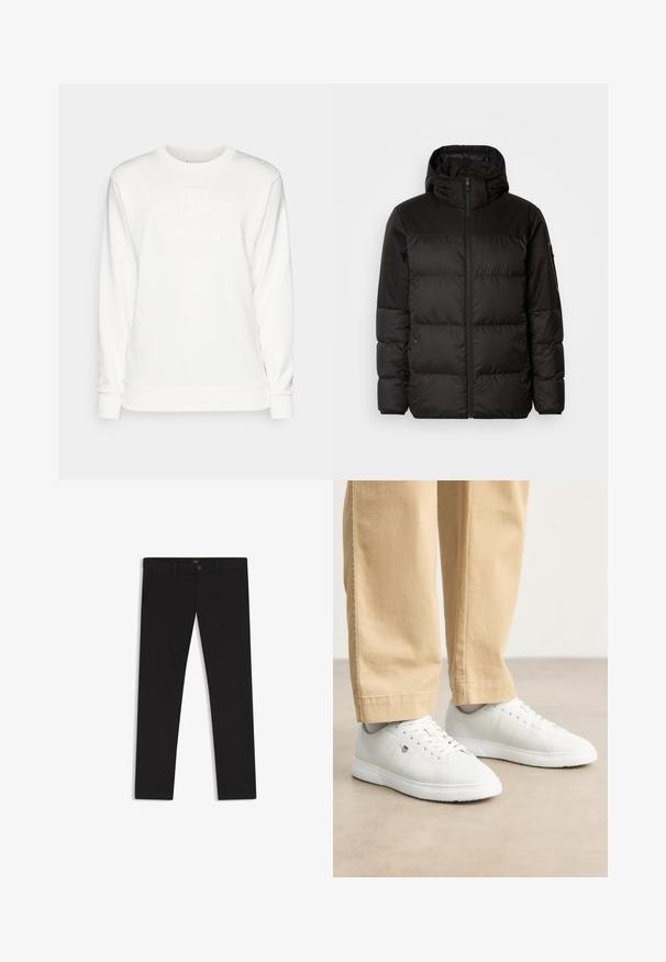 Black puffer jacket features a zip closure, a hood, quilted sections, and elastic cuffs, made from a smooth, water-resistant material.; White sweatshirt with long sleeves, round neckline, and embossed logo detailing. Made from soft fabric with a smooth texture and ribbed cuffs.; Black trousers made of fabric with a smooth texture. Features a button closure, belt loops, and side pockets. Standard straight-leg design.; White leather sneakers with a smooth finish, featuring round toe, lace-up design, and subtle logo detail on the side, paired with beige pants.