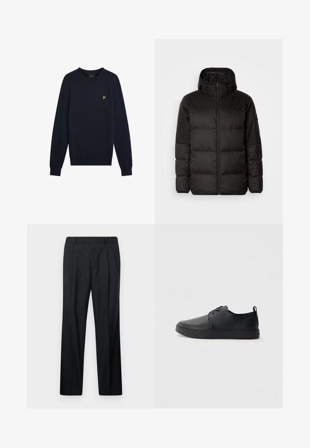 A fekete steppelt dzseki cipzáros záródással, kapucnival, steppelt részekkel és rugalmas mandzsettákkal rendelkezik, sima, vízálló anyagból készült.; Tengerészkék kötött pulóver kerek nyakkal, hosszú ujjal és egy kis sárga sas emblémával a mellkasnál. Sima textúra, testhezálló mandzsetták.; Fekete nadrág finom anyagból, redőzött. Egyenes szabású, derékpánttal és övbújtatókkal, zsebek nélkül. Egyszerű kialakítás.; Fekete bőr sportcipő sima felülettel, lekerekített orral, azonos színű varrással, fűzős elülső résszel és lapos gumitalppal. Hurok a sarkán.