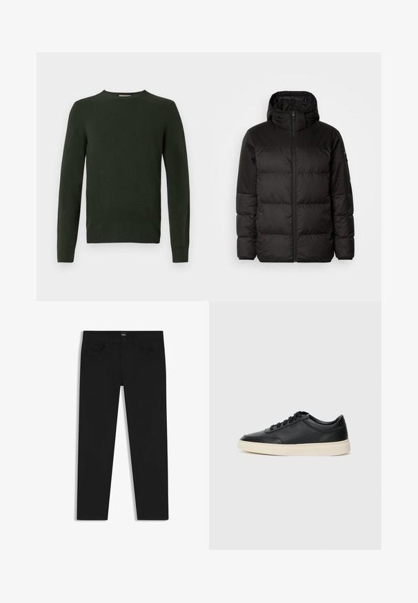 Il giubbotto puffo nero presenta una chiusura con zip, un cappuccio, sezioni trapuntate e polsini elastici, realizzato in un materiale liscio e resistente all'acqua.; Maglione lavorato a maglia di un verde scuro, con maniche lunghe, scollo rotondo e una consistenza liscia. Nessun motivo visibile o dettagli in metallo.; Pantaloni in denim nero con taglio dritto, dotati di vita standard, cinque tasche e chiusura con bottone. Texture liscia su tutta la superficie.; Sneaker in pelle nera a basso profilo con lacci neri e suola avorio, mostrato di profilo su sfondo bianco.