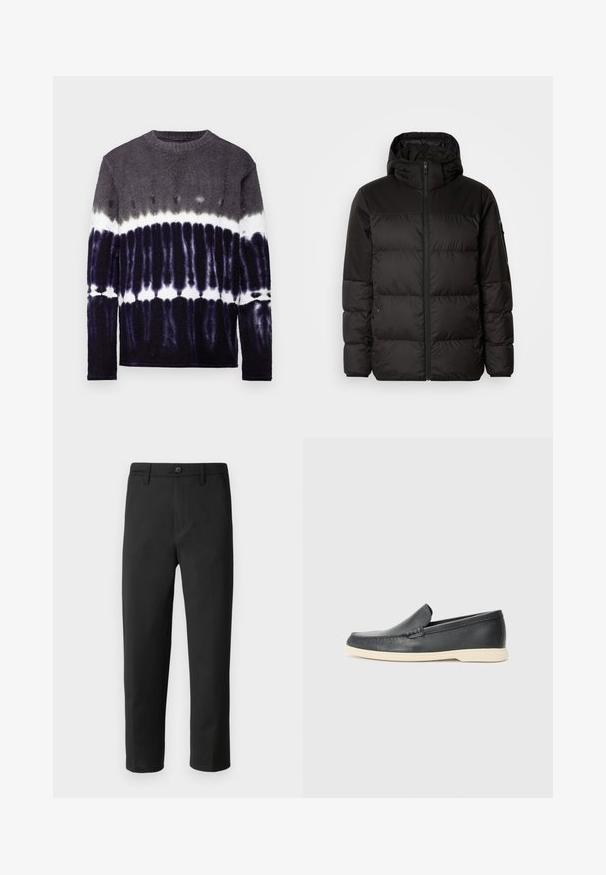 Il giubbotto puffo nero presenta una chiusura con zip, un cappuccio, sezioni trapuntate e polsini elastici, realizzato in un materiale liscio e resistente all'acqua.; Maglione a maniche lunghe con motivo tie-dye sfumato in tonalità di grigio, nero e bianco; morbido al tatto e con scollatura rotonda.; Pantaloni neri a gamba dritta, realizzati in tessuto liscio. Presentano una chiusura con bottone e passanti per cintura. Nessun motivo o dettaglio visibile.; Mocassini neri in pelle con finitura testurizzata e suola in gomma beige a contrasto. Presentano un accento sottile lungo la parte anteriore.