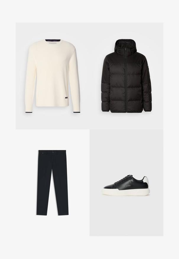 Black puffer jacket features a zip closure, a hood, quilted sections, and elastic cuffs, made from a smooth, water-resistant material.; Ribbed cream sweater with a round neckline, long sleeves, and a navy accent at the cuffs. Features a small logo tag on the hem.; Men's dark navy trousers made of lightweight fabric. Features a button closure, belt loops, and two side pockets. Straight leg design.; Black leather sneakers with white rubber sole. Features round toe, lace-up design, and logo detail on the side. Rear accent in white.