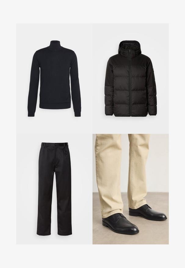 Črna zimska jakna ima zadrgo, kapuco, prešite odseke in elastične manšete, izdelana je iz gladkega, vodoodpornega materiala.; HUGO SAN THOMAS - Pulover - navy; Črne hlače iz gladkega materiala, ki imajo sprednjo zaponko, naborke in ravne noge. Brez vidnih vzorcev ali okraskov.; Črne usnjene čevlje z vezalkami in zaobljenim prstom, gladke površine in diskretnimi šivi, oblečene z svetlo bež hlačami.