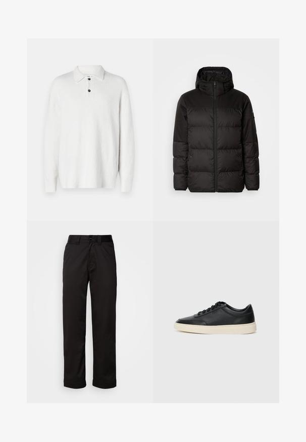 Black puffer jacket features a zip closure, a hood, quilted sections, and elastic cuffs, made from a smooth, water-resistant material.; White sweater with a textured, soft fabric. Features a classic collar, three-button placket, and long sleeves. Simple design, no patterns.; Black trousers made of smooth fabric, featuring a zip fly, button closure, and rolled cuffs for a casual design.; Black low-top leather sneaker with black laces and off-white sole shown in side profile on white background.