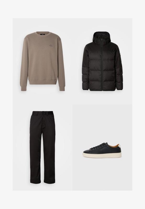 Czarna kurtka puchowa z zapięciem na zamek, kapturem, pikowanymi sekcjami i elastycznymi mankietami, wykonana z gładkiego, wodoodpornego materiału.; Mads Nørgaard - Bluza; Czarne spodnie wykonane z gładkiego materiału, z zamkiem błyskawicznym, zapięciem na guzik oraz podwiniętymi mankietami, co nadaje im casualowy charakter.; Czarne skórzane trampki o gładkiej fakturze, jasnobrązowa gumowa podeszwa, sznurowana konstrukcja i kontrastujący akcent na pięcie.