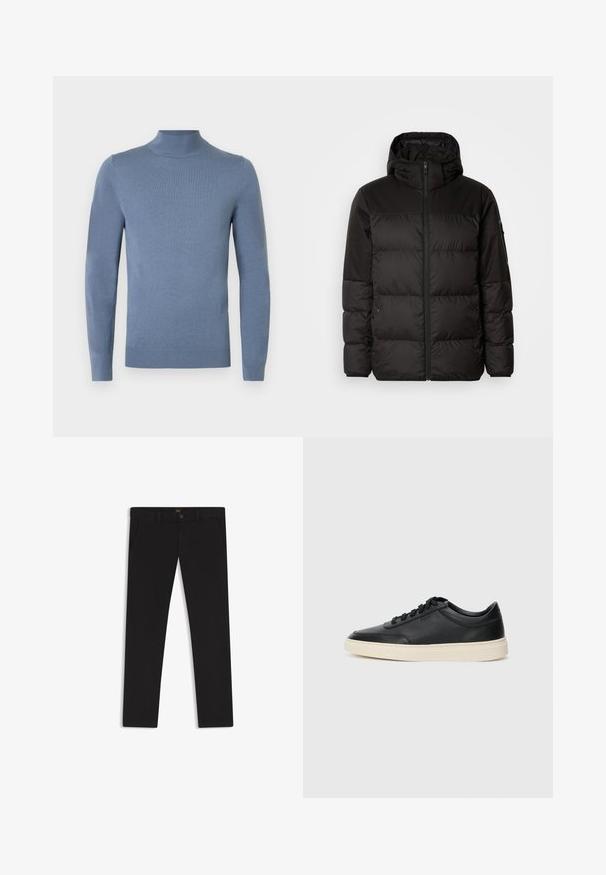 Zwarte pufferjas met ritsluiting, een capuchon, gequiltte secties en elastische manchetten, gemaakt van een glad, waterafstotend materiaal.; Lichtblauwe coltrui van gebreide stof, met lange mouwen, geribde kraag en zoom. Eenvoudig ontwerp zonder zichtbare patronen.; Zwarte broek van stof met een gladde textuur. Bevat een knoopsluiting, riemlussen en zijzakken. Standaard straight-leg ontwerp.; Zwarte leren sneaker met lage schacht, zwarte veters en off-white zool, weergegeven in zijprofiel op een witte achtergrond.