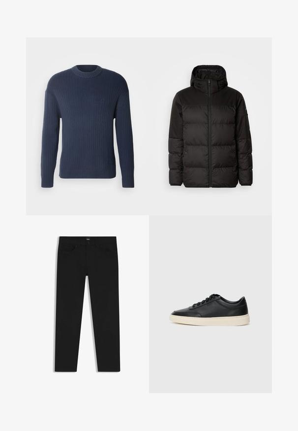 Schwarze Pufferjacke mit Reißverschluss, Kapuze, gesteppten Abschnitten und elastischen Bündchen, hergestellt aus einem glatten, wasserabweisenden Material.; Dunkelblauer gerippter Pullover mit langen Ärmeln, rundem Ausschnitt und einheitlicher Textur. Besitzt ein kleines Logo im Brustbereich.; Schwarze Denim-Hosen mit geradem Schnitt, ausgestattet mit einem Standardbund, fünf Taschen und einem Knopfverschluss. Angenehme, glatte Textur.; Schwarzer niedriger Ledersneaker mit schwarzen Schnürsenkeln und cremefarbenem Sohlenrand, seitlich auf weißem Hintergrund dargestellt.