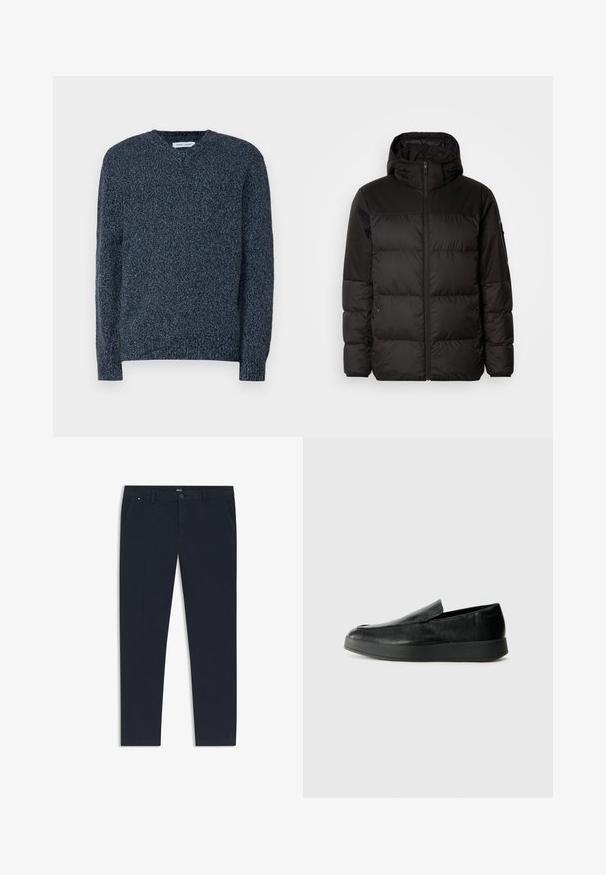 Schwarze Pufferjacke mit Reißverschluss, Kapuze, gesteppten Abschnitten und elastischen Bündchen, hergestellt aus einem glatten, wasserabweisenden Material.; Dunkelblauer Strickpullover mit V-Ausschnitt, langen Ärmeln und strukturiertem Finish. Hat eine lockere Passform sowie gerippte Bündchen und Saum.; Marineblaue Hose aus leichtem Stoff mit geradem Bein, seitlichen Taschen und einem Frontverschluss mit Knopf sowie einem Branding-Detail.; Calvin Klein HYBRID CUP - Slipper - triple black