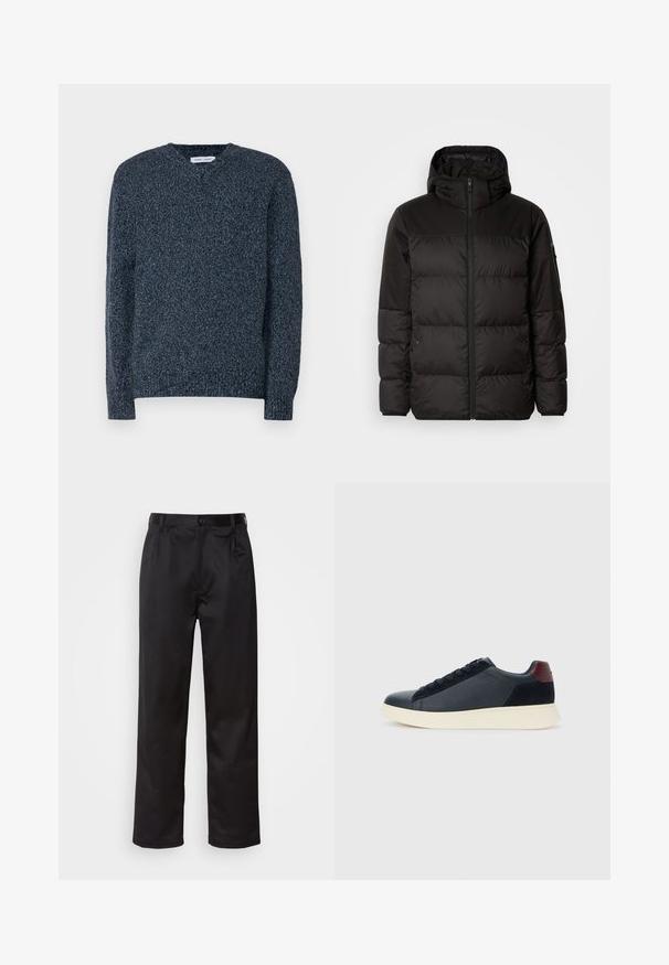 Zwarte pufferjas met ritsluiting, een capuchon, gequiltte secties en elastische manchetten, gemaakt van een glad, waterafstotend materiaal.; Navyblauw gebreid sweater met een v-hals, lange mouwen en een gestructureerde afwerking. Heeft een losse pasvorm en ribgebreide manchetten en zoom.; Zwarte broek van een gladde stof, met een sluiting met een knoop aan de voorkant, plooien en rechte pijpen. Geen zichtbare patronen of accenten.; Lage herensneaker van zwart leer en suede met een bordeauxrode hieltab en een witte rubberen zool, gezien vanuit de buitenkant.