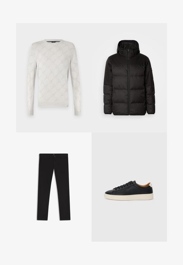 Czarna kurtka puchowa z zapięciem na zamek, kapturem, pikowanymi sekcjami i elastycznymi mankietami, wykonana z gładkiego, wodoodpornego materiału.; Jasnoszary sweter z długimi rękawami, okrągłym dekoltem, ściągaczami na mankietach oraz delikatnym wzorem kwiatowym na całej powierzchni. Wykonany z miękkiego, fakturowanego materiału.; Czarne spodnie uszyte z materiału o gładkiej teksturze. Posiadają zapięcie na guzik, szlufki na pasek oraz boczne kieszenie. Standardowy krój prostych nogawek.; Czarne skórzane trampki o gładkiej fakturze, jasnobrązowa gumowa podeszwa, sznurowana konstrukcja i kontrastujący akcent na pięcie.
