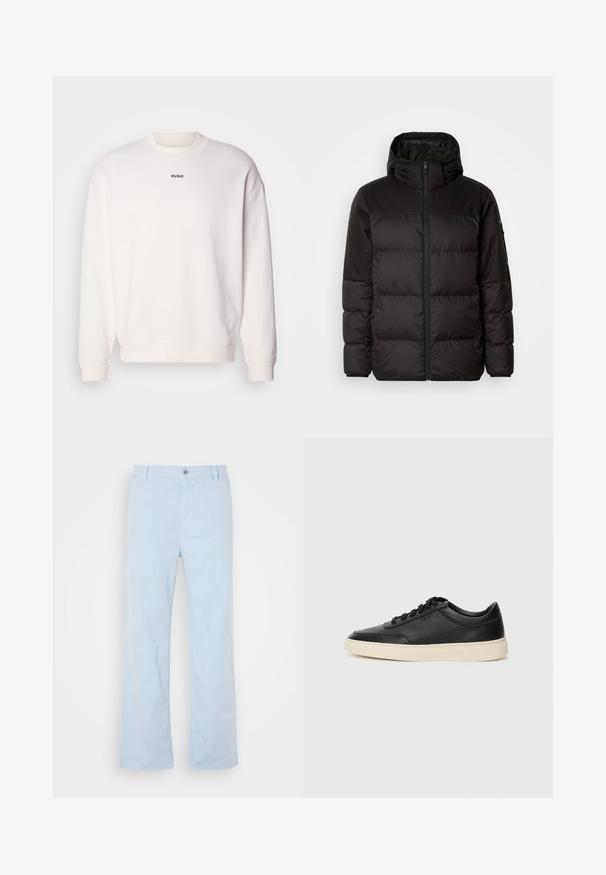 Črna zimska jakna ima zadrgo, kapuco, prešite odseke in elastične manšete, izdelana je iz gladkega, vodoodpornega materiala.; Bela majica s crewneck iz mehke mešanice bombaža, z sproščenim krojem, rebrastimi manšeti in črnim logotipom "HUGO" na prsih.; Svijetloplave pamučne hlače ravnog kroja, s prednjim zatvaranjem na dugme i bočnim džepovima. Glatka tekstura i minimalni detalji šivanja.; Črne nizke usnjene teniske s črnimi vezalkami in svetlo belo podplatom, prikazane v stranskem profilu na beli podlagi.