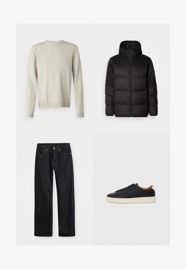 Mustikas puffer-jakk sisaldab tõmblukku, kapuutsi, tikandiga osi ja elastseid mansette, valmistatud siledast veekindlast materjalist.; Kerge beež crewneck-sviiter, mis on valmistatud pehmest, tekstuurilisest kangast. Omab soonikkoes varrukaotsasid ja hemmi ning sellel on lihtne, minimalistlik disain.; Meeste sirge jala mustad denim teksad viie taskuga, oranž õmblus, nupu ja tõmblukuga ees nagu vöökoht.; Mustad nahast tennised sujuva pindadega, beež kummist tallaga, paelaga kinnitamine ja kontrastse kanna aktsendiga.