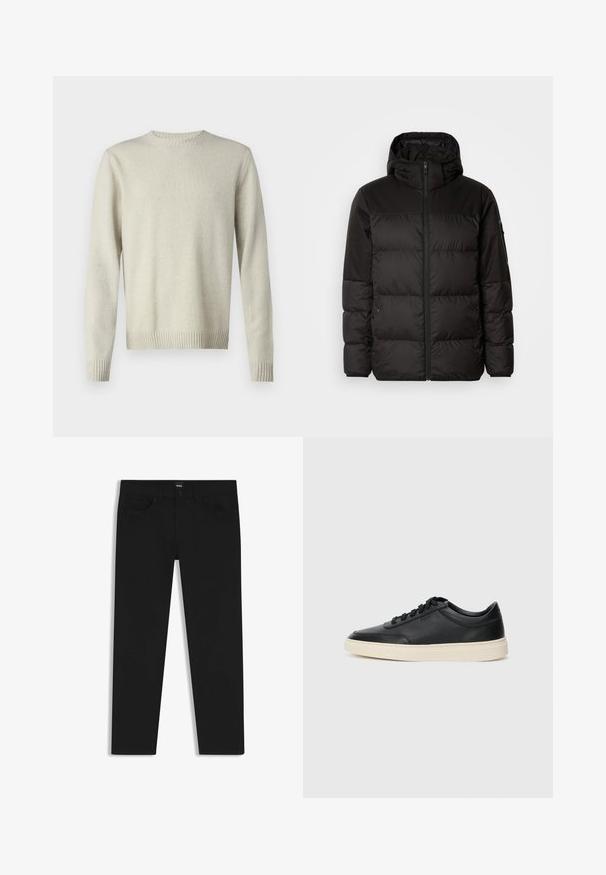 Schwarze Pufferjacke mit Reißverschluss, Kapuze, gesteppten Abschnitten und elastischen Bündchen, hergestellt aus einem glatten, wasserabweisenden Material.; Helles beige Rundhals-Pullover aus weichem, strukturiertem Stoff. Verfügt über gerippte Bündchen und Saum sowie ein einfaches, minimalistisches Design.; Schwarze Denim-Hosen mit geradem Schnitt, ausgestattet mit einem Standardbund, fünf Taschen und einem Knopfverschluss. Angenehme, glatte Textur.; Schwarzer niedriger Ledersneaker mit schwarzen Schnürsenkeln und cremefarbenem Sohlenrand, seitlich auf weißem Hintergrund dargestellt.