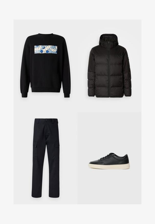 Melna pūkainā jakā iezīmes ir rāvējslēdzēja aizdare, kapuce, kvadrātveida šuves un elastīgas aproces, izgatavota no gludas, ūdensizturīgas vielas.; Melna sporta krekla, kam centrā ir taisnstūrveida panelis ar zilu un baltu abstraktu rakstu. Ribotie piedurkņu gali un apakša nodrošina struktūru.; Melni kravas bikses, kas izgatavotas no izturīga auduma, ar taisnu kāju griezumu, divām sānu kabatām un pogu aizdari jostas vietā.; Melnas zemas ādas sporta kurpes ar melnām auklām un off-white zoli, rādītas no sānu profila uz baltā fona.