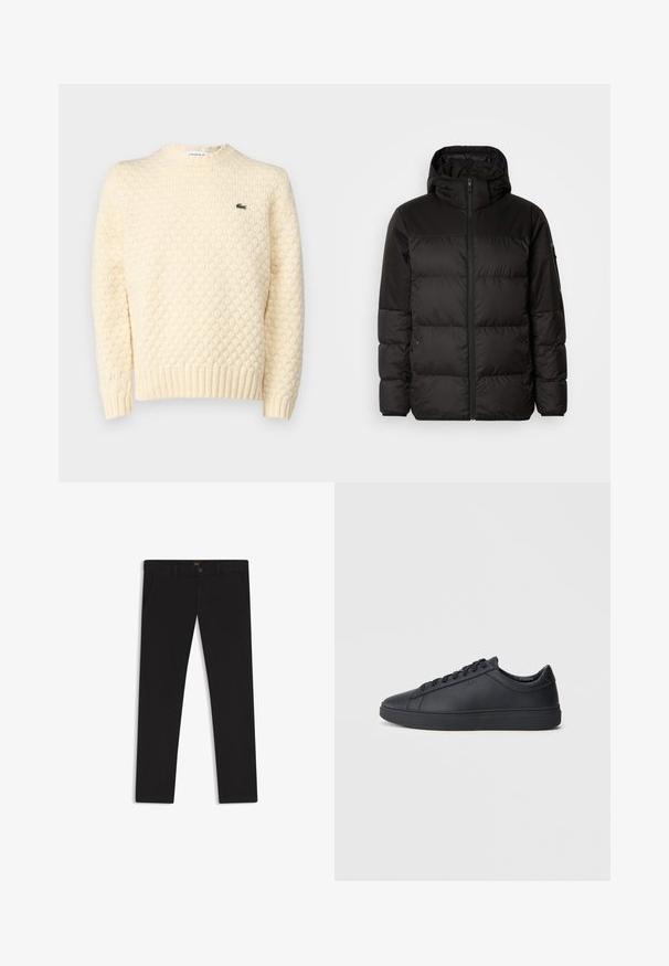 Zwarte pufferjas met ritsluiting, een capuchon, gequiltte secties en elastische manchetten, gemaakt van een glad, waterafstotend materiaal.; Crème-kleurige gebreide trui met een gestructureerd ruitpatroon, ribbels aan de mouwen en onderkant; bevat een klein groen Lacoste-logo op de borst.; Zwarte broek van stof met een gladde textuur. Bevat een knoopsluiting, riemlussen en zijzakken. Standaard straight-leg ontwerp.; Zwarte sneakers van glad leer met een lage schacht, ronde neus en platte rubberen zool. Voorzien van veters en subtiele branding.