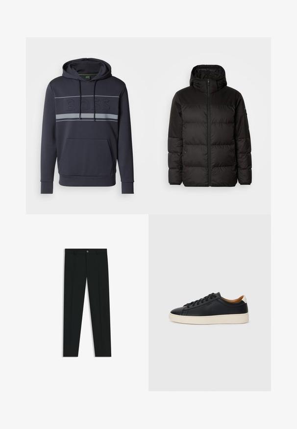Il giubbotto puffo nero presenta una chiusura con zip, un cappuccio, sezioni trapuntate e polsini elastici, realizzato in un materiale liscio e resistente all'acqua.; Felpa blu navy con tasca a marsupio, cappuccio con coulisse e logo "BOSS" in rilievo. Presenta righe grigie attraverso il petto e polsini a costine.; Pantaloni neri in tessuto lisci, con design a gamba dritta. Presentano una chiusura frontale con bottone e passanti per cintura. Senza fantasie.; Sneakers in pelle nera con una texture liscia, suola in gomma beige, design con lacci e un accento del tacco in contrasto.