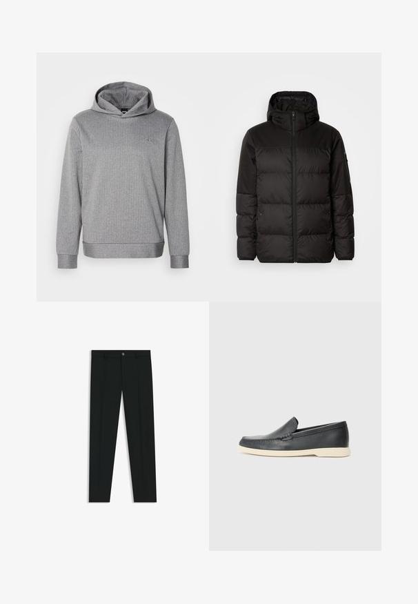 Sort pufferjakke med lynlås, hætte, quiltede sektioner og elastiske manchetter, lavet af et glat, vandafvisende materiale.; Grå hættetrøje lavet af ribbet materiale, med lange ærmer, en afslappet pasform og et diskret logo på den øverste venstre brystområde.; Sorte dressbukser med lige ben-design, lavet af glat stof. Har en frontlukning med knap og bæltestropper. Enkle uden mønstre.; Sorte læder slip-on loafers med en struktureret overflade og en kontrasterende beige gummisål. Har en subtil detalje langs forsiden.