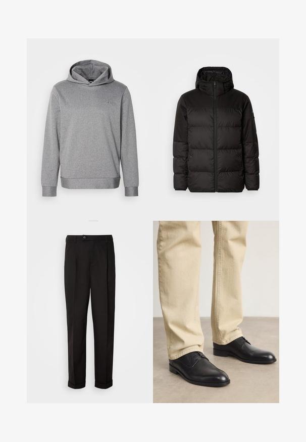 Melna pūkainā jakā iezīmes ir rāvējslēdzēja aizdare, kapuce, kvadrātveida šuves un elastīgas aproces, izgatavota no gludas, ūdensizturīgas vielas.; Pelēka kapucēta džemperis, izgatavots no ribota materiāla, ar garām piedurknēm, brīvu piegriezumu un izsmalcinātu logotipu augšējā kreisajā krūšu daļā.; Melnas bikses ar gludu tekstūru, diviem priekšējiem kabatām, taisnas griezuma un ar vienu pogu vidukļa daļā.; Melnas ādas kurpes ar auklēm, ar noapaļotu degunu, gludu apdari un smalkiem šuvēm, valkātas ar gaiši bežām biksēm.